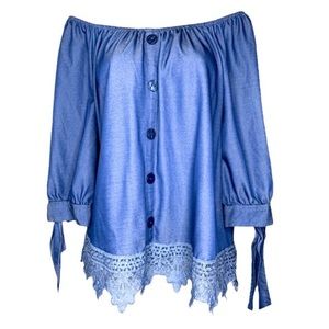 Unique Spectrum Crochet Hem Off the Shoulder Button Front Bow Sleeve Top Blue